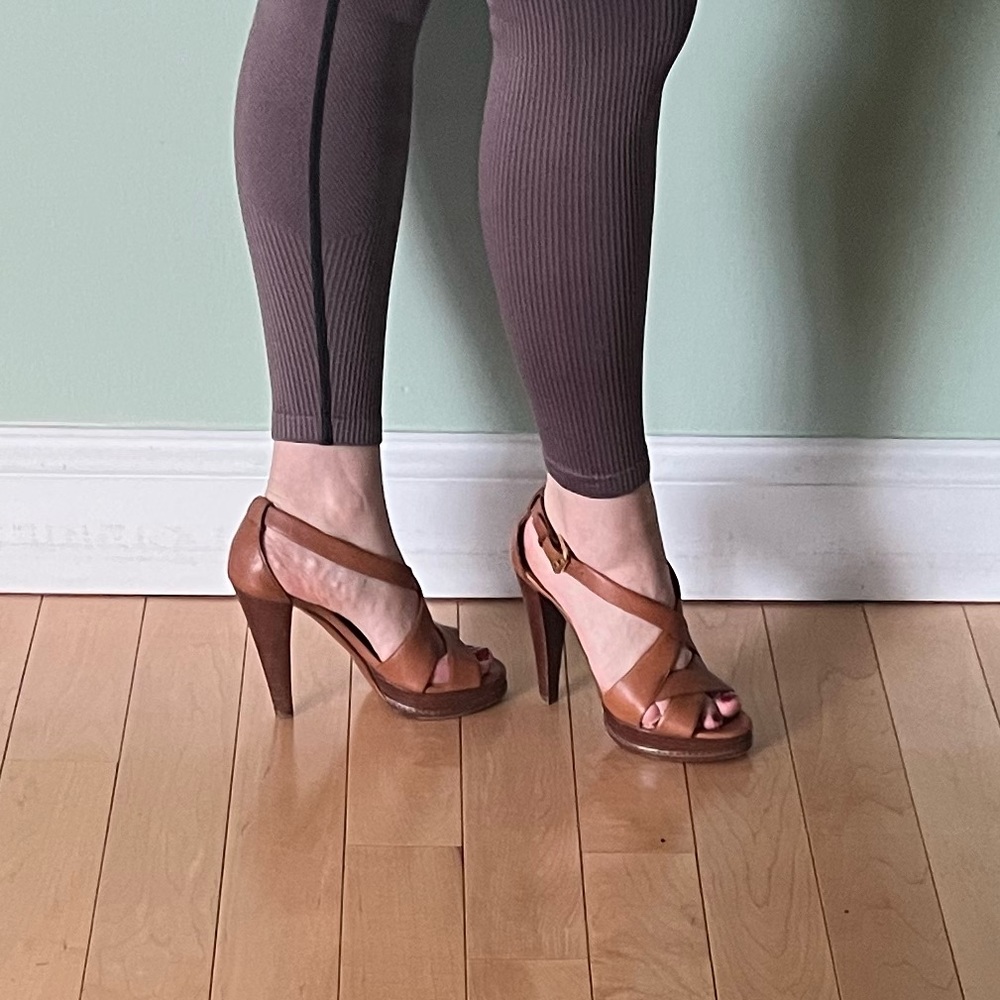 $675 Ralph Lauren Collection Platform Heels Sandal Leather brown tan 6B women